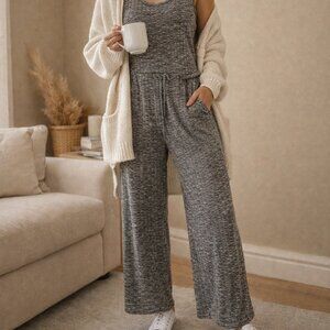 Emma & Michele Ribbed Tank Jumpsuit Heather Gray Wide Leg Pockets Soft Stretch